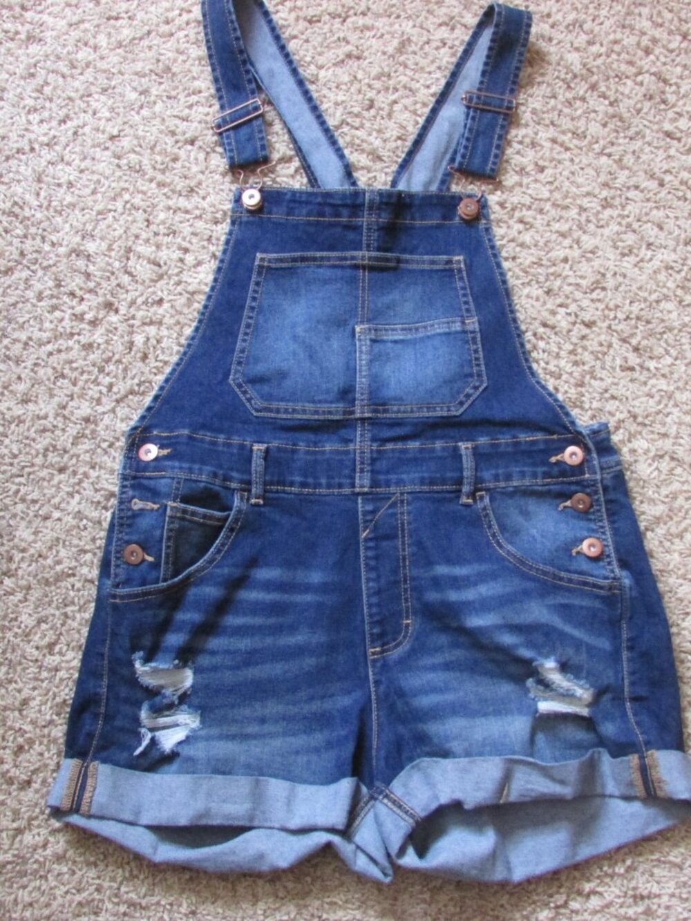 NWOT NO Boundaries Jr Medium 7/9 Dark Blue Denim Distressed Bib Overall Shortall